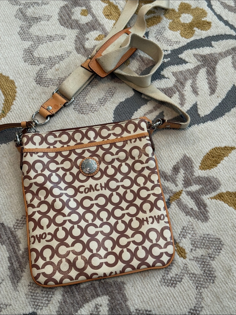 Coach Brown and Cream Logo Crossbody Bag with Adjustable Strap